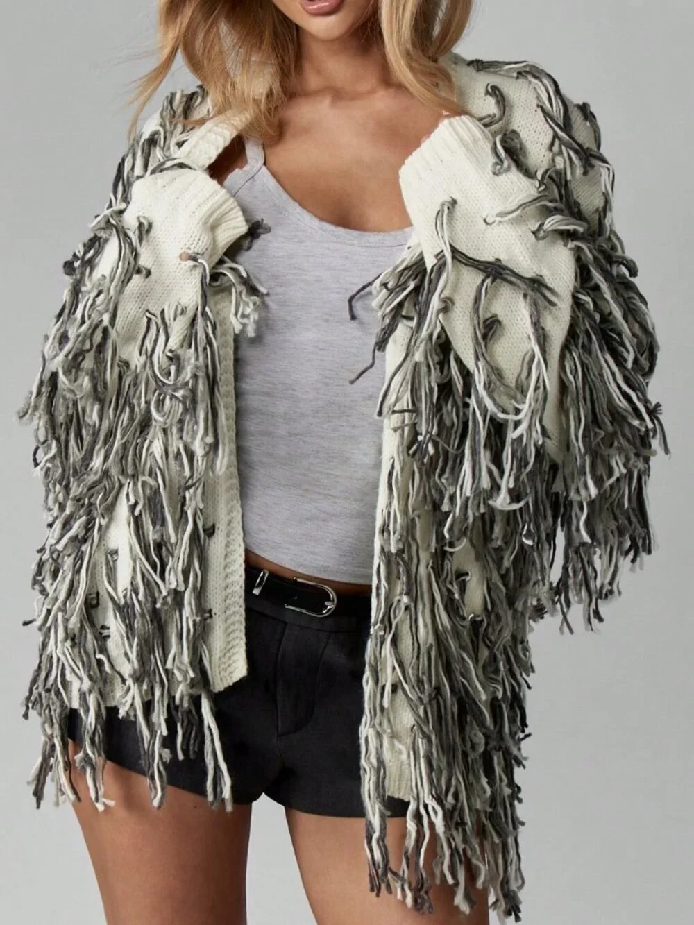 Multicolor Casual Women's Open Front Long Sleeve Fuzzy Cozy Fringe Knit Cardigan
